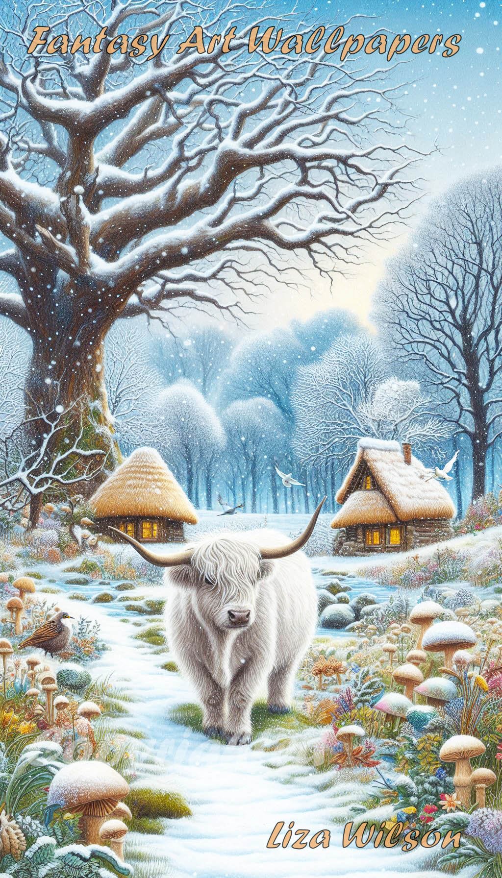 a winter snowy scene of a white highland cow with snowy twisty trees, thatched cottages, birds, flowers & mushrooms. A wallpaper for ANdroid downloads. Christmas wallpapers.