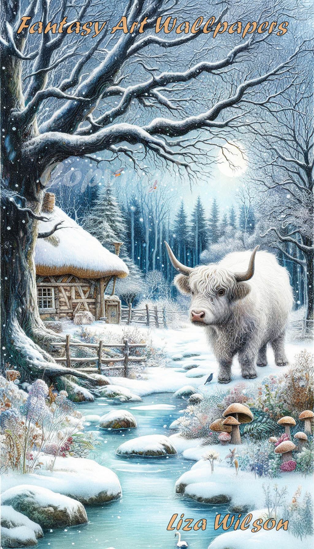a winter snowy scene of a white highland cow with snowy twisty trees, thatched cottages, birds, flowers & mushrooms. A wallpaper for ANdroid downloads. Christmas wallpapers.