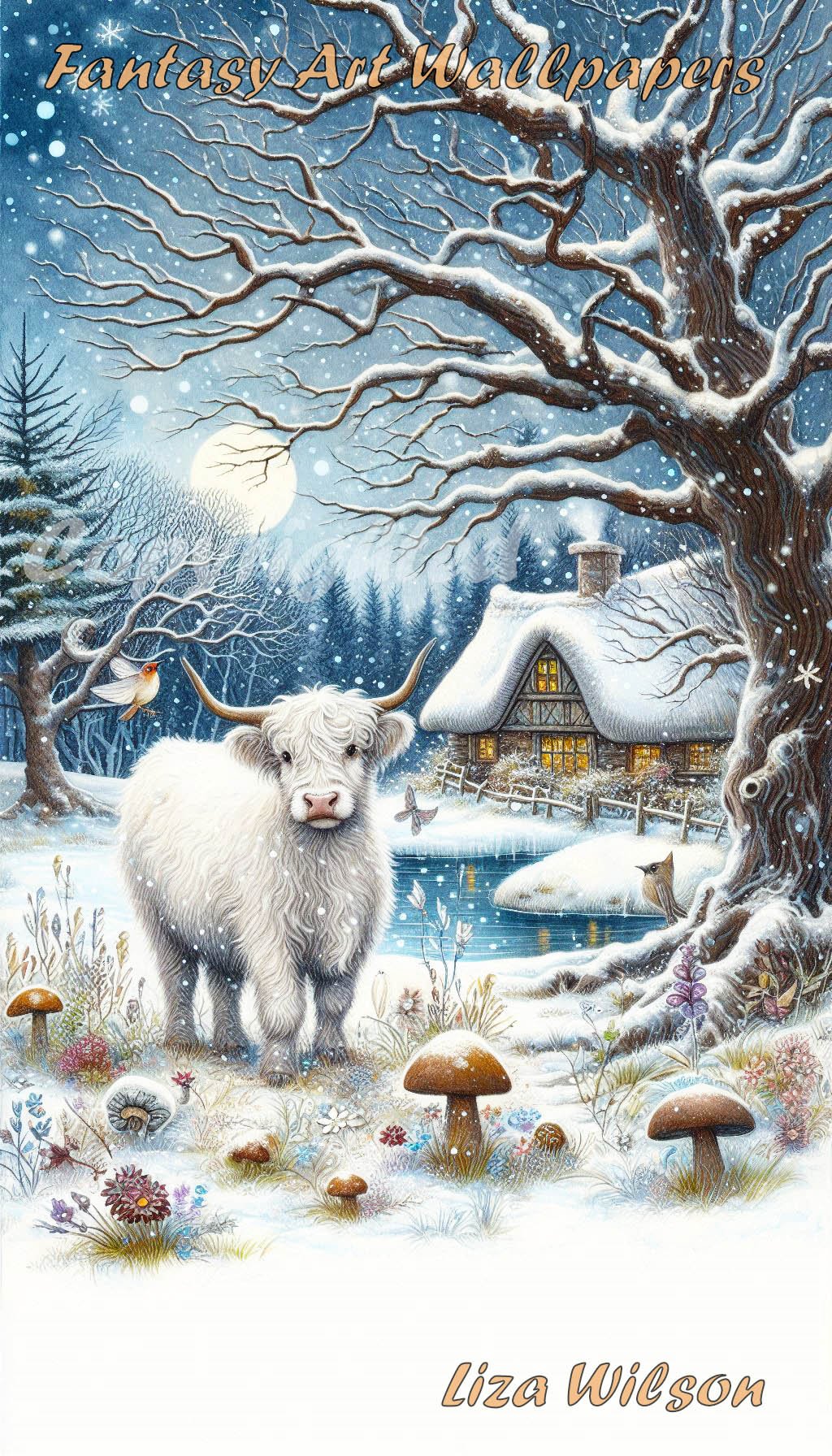 a winter snowy scene of a white highland cow with snowy twisty trees, thatched cottages, birds, flowers & mushrooms. A wallpaper for ANdroid downloads. Christmas wallpapers.