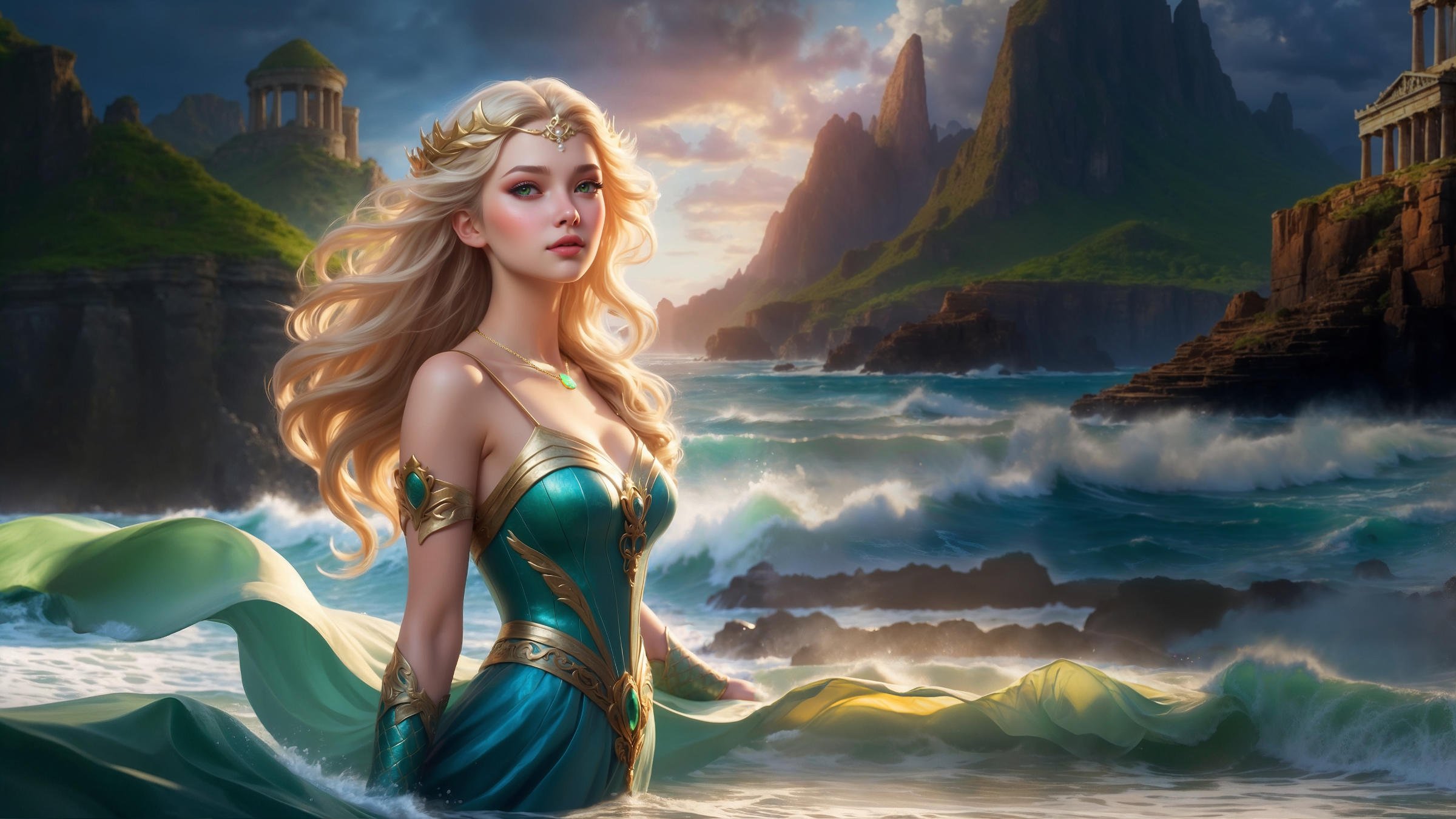 A blond mermaid princess wades through the sea in front of some Greek ruins at sunset.