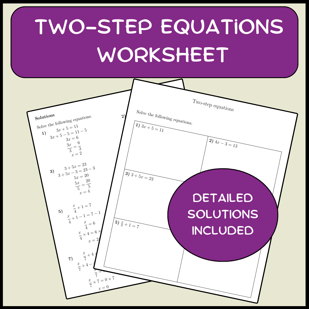 Two-step equations worksheet (with solutions)