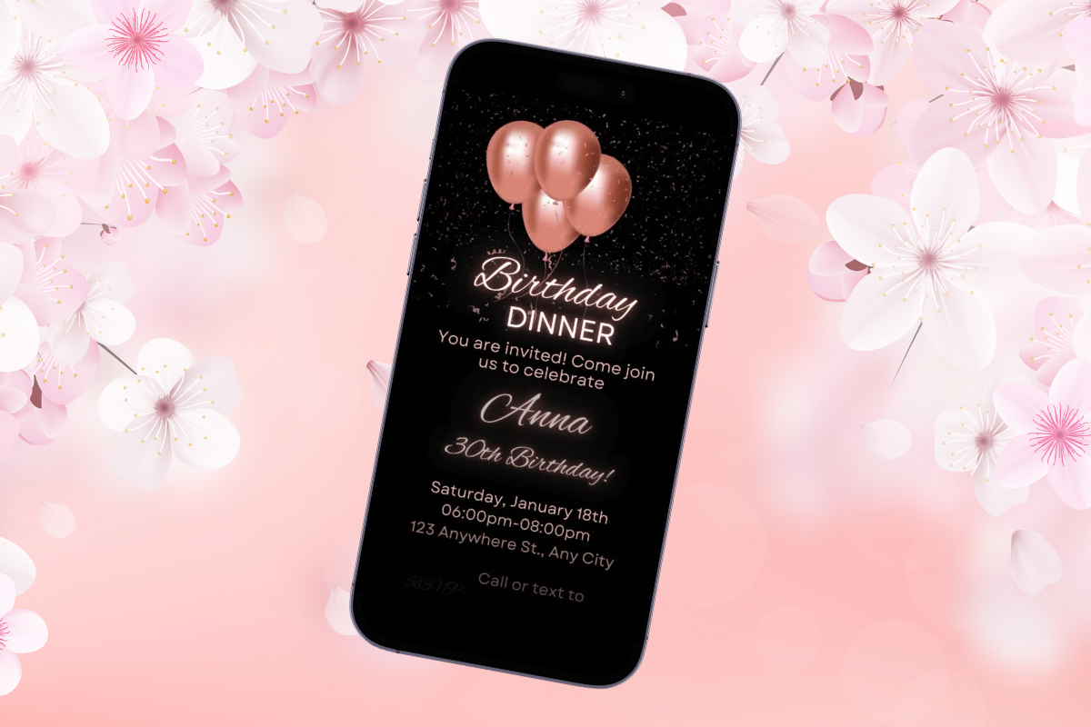 Editable Pink Black Birthday Dinner Digital Invitation, mobile invitation