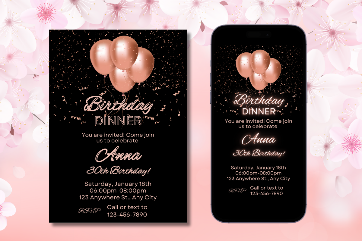 Editable Pink Black Birthday Dinner Digital Invitation template, sel-editable template
