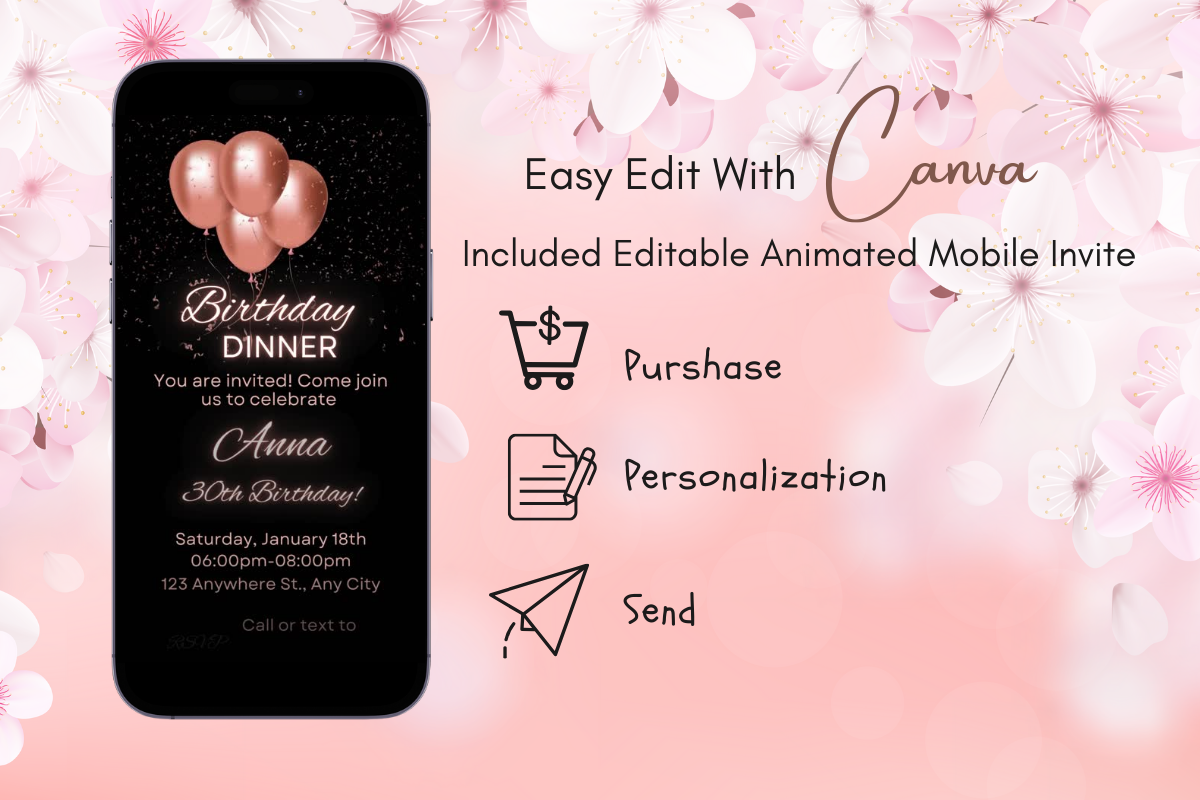 Editable Pink Animated Black Birthday Dinner Digital Invitation