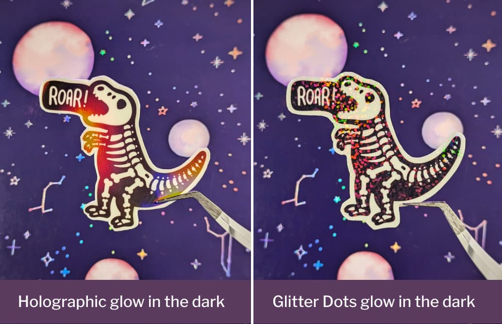 Holographic glow in the dark and Glitter Dots glow in the dark variations