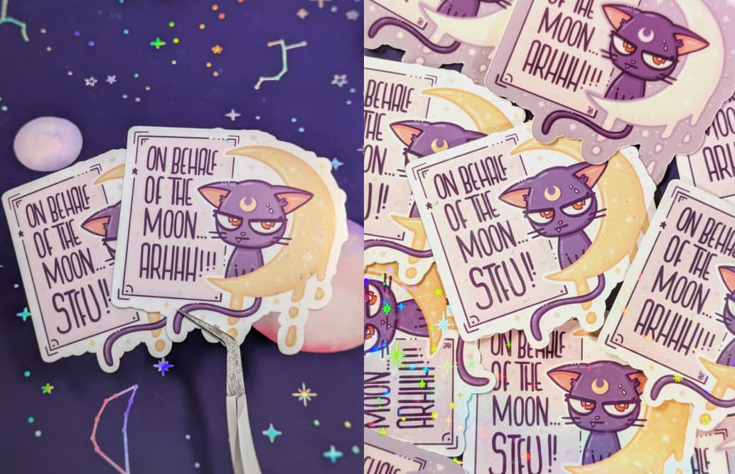 A collection of  stickers, featuring Luna, the black cat from Sailor Moon, sitting on a crescent moon. The cat has an expression of slight annoyance, and a speech bubble above reads, “On behalf of the moon, STFU!” or “On behalf of the moon, ARHHHH” (depen