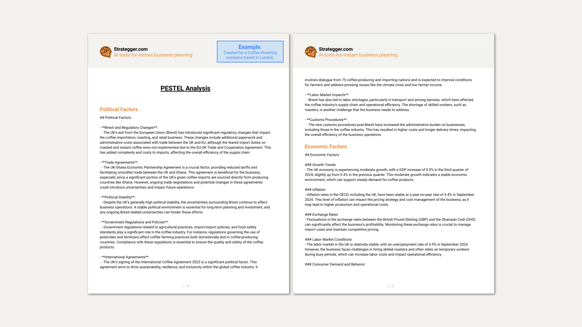 Example of a PESTEL analysis generated by Strategger.com's AI-powered Business Analysis Generator. This image showcases key insights into political, economic, social, technological, environmental, and legal factors, demonstrating how the tool provides quick, automated, and data-driven business analysis. Strategger.com’s AI technology helps businesses streamline strategic planning, enhance decision-making, and drive growth with tailored, actionable insights."  Keywords List (for SEO purposes):  PESTEL analysis generator AI-driven business analysis Business strategy tool Automated PESTEL analysis AI business insights Strategic planning tool Data-driven decision making Tailored business analysis PESTEL analysis example Business planning automation Growth strategy Business performance analysis AI-powered business tools Business insights software