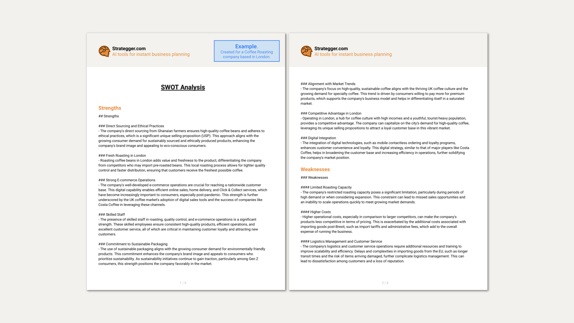 Example of a SWOT analysis generated by Strategger.com's AI-powered Business Analysis Generator. This image highlights key insights into strengths, weaknesses, opportunities, and threats, showcasing how the tool provides quick, automated, and data-driven business analysis. Strategger.com’s AI technology helps businesses streamline strategic planning, enhance decision-making, and drive growth with tailored, actionable insights."  Keywords List (for SEO purposes):  SWOT analysis generator AI-driven business analysis Business strategy tool Automated SWOT analysis AI business insights Strategic planning tool Data-driven decision making Tailored business analysis SWOT analysis example Business planning automation Growth strategy Business performance analysis AI-powered business tools Business insights software