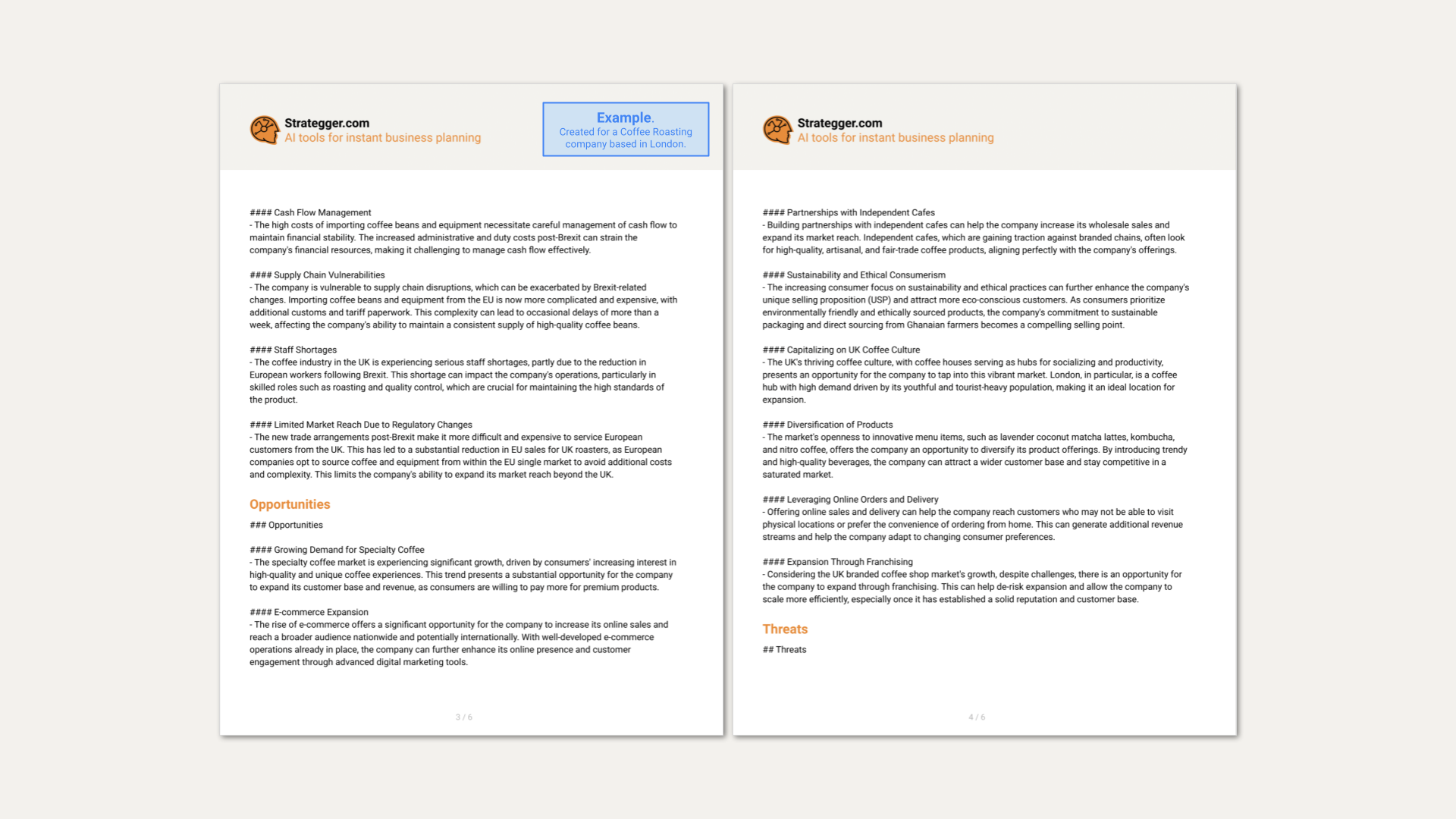 Example of a SWOT analysis generated by Strategger.com's AI-powered Business Analysis Generator. This image highlights key insights into strengths, weaknesses, opportunities, and threats, showcasing how the tool provides quick, automated, and data-driven business analysis. Strategger.com’s AI technology helps businesses streamline strategic planning, enhance decision-making, and drive growth with tailored, actionable insights."  Keywords List (for SEO purposes):  SWOT analysis generator AI-driven business analysis Business strategy tool Automated SWOT analysis AI business insights Strategic planning tool Data-driven decision making Tailored business analysis SWOT analysis example Business planning automation Growth strategy Business performance analysis AI-powered business tools Business insights software