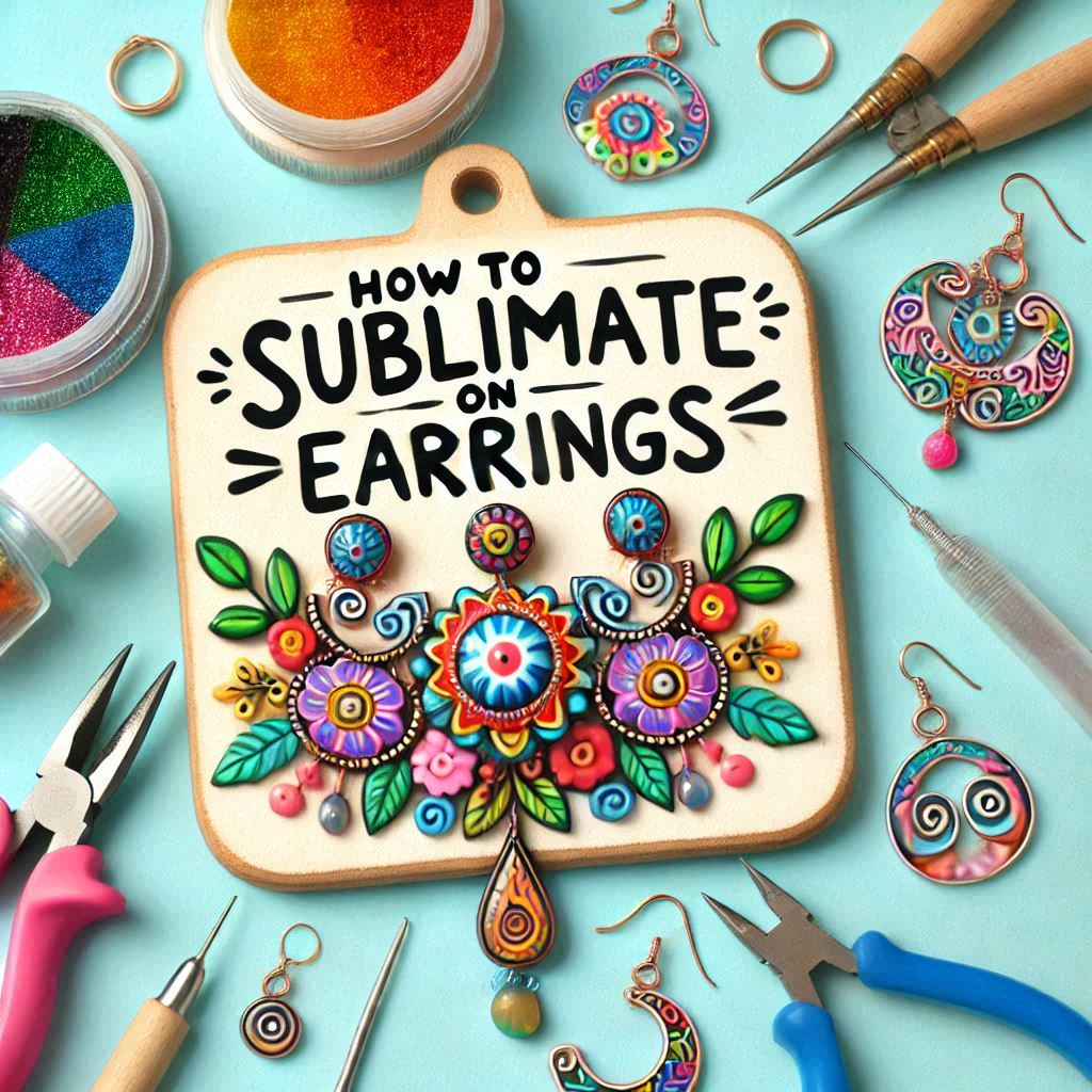 Image illustrating a step-by-step guide on how to sublimate on earrings, featuring tools, materials, and techniques for creating personalized jewelry with vibrant and unique designs.