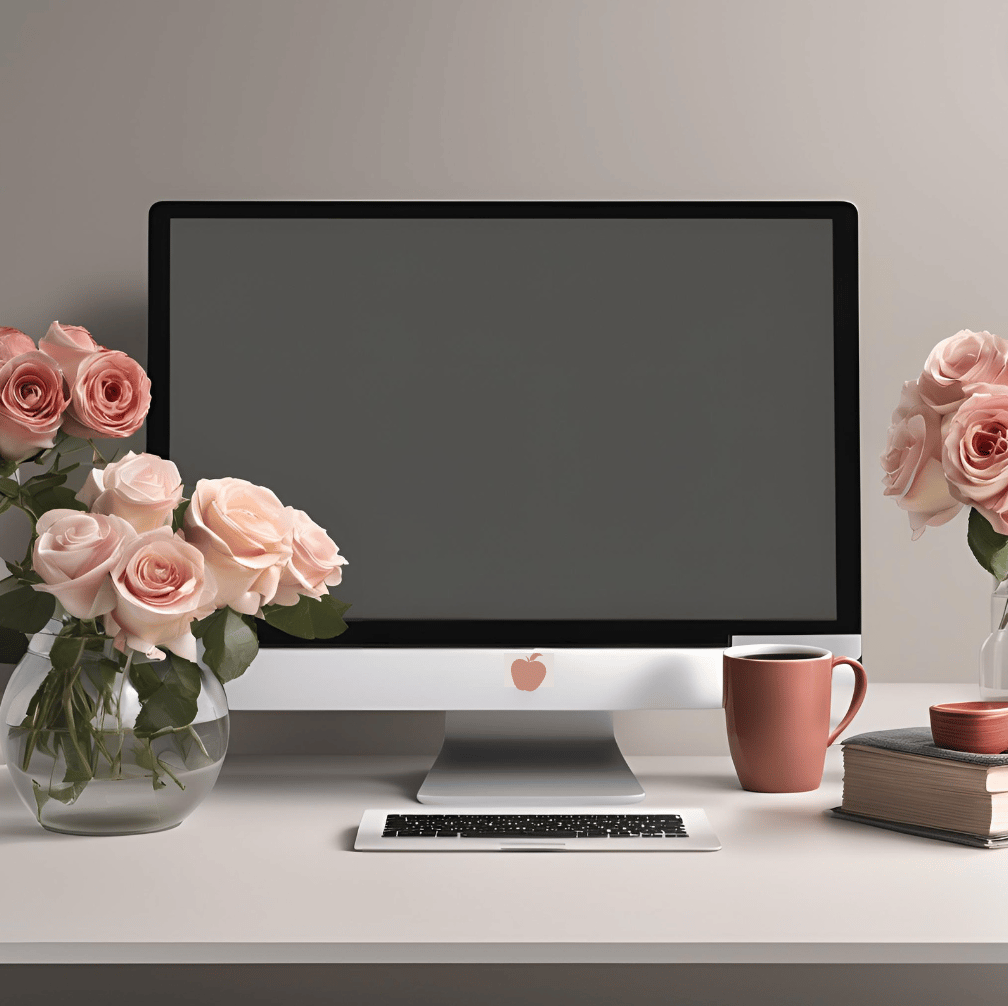 Détails et tarif du cours de rédaction web pour rédiger des pages qui vendent H24 - image de fond: bureau, ordinateur, mug et roses