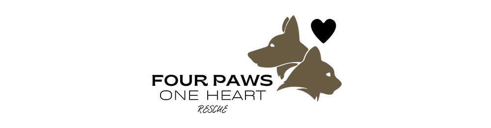 Logo for Four Paws One Heart Rescue - a dog's head and a cat's head with a heart.