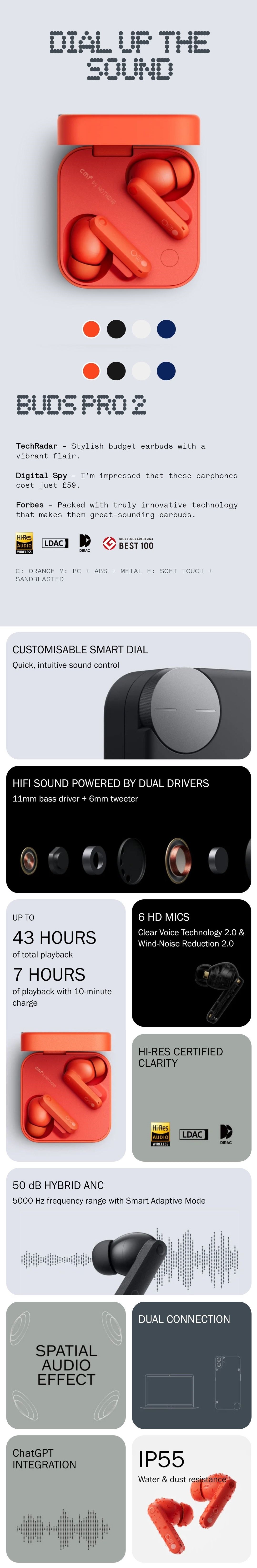 CMF by Nothing Buds Pro 2 Wireless Bluetooth Earbuds HiFi Sound Headphones