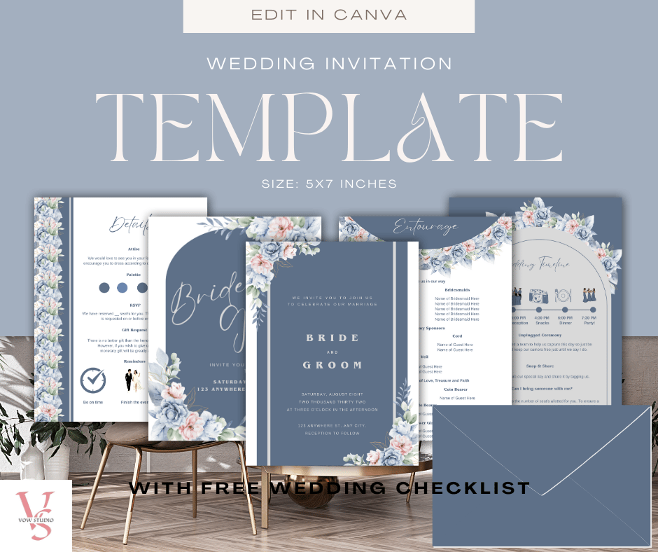 Wedding Invitation Watercolor Dusty Navy Blue and Pink Floral Template ...