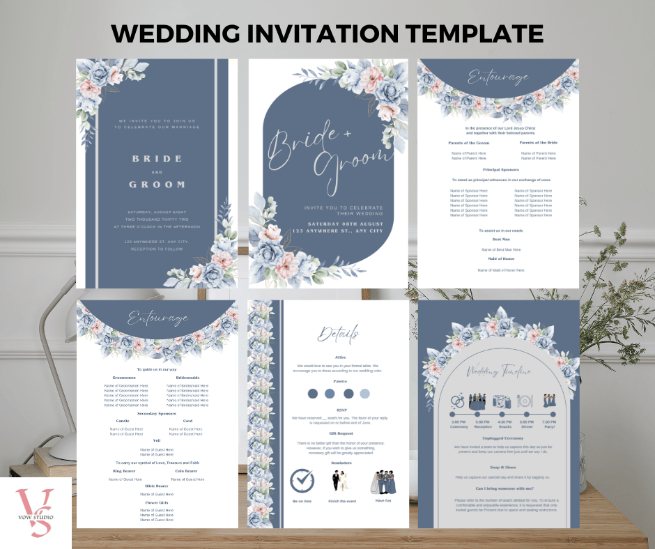 Wedding Invitation Watercolor Dusty Navy Blue and Pink Floral Template ...