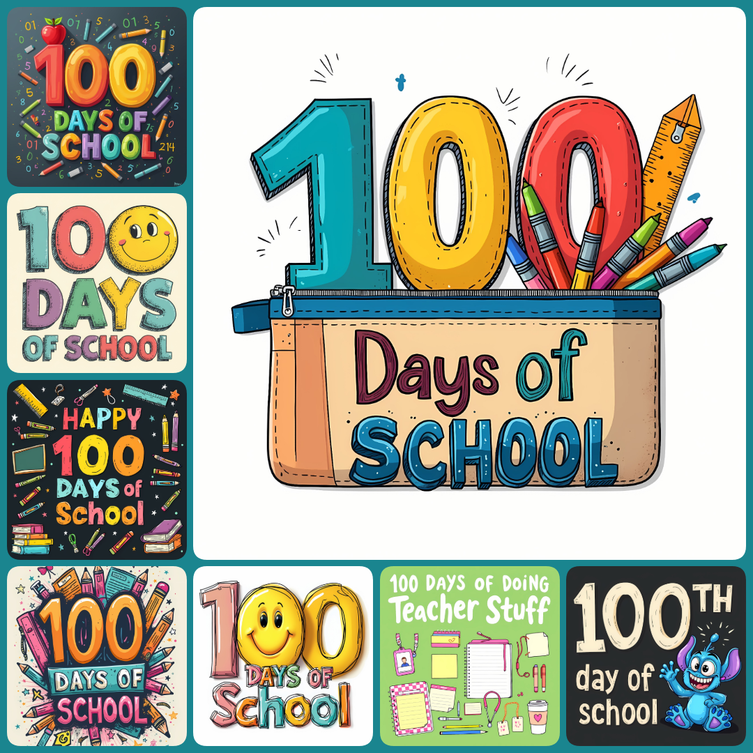 100 days of school, school milestone graphics, classroom celebration designs, 100th day party decor, vibrant school illustrations, educational clip art, teacher resources, playful school designs, student milestone art, festive school graphics