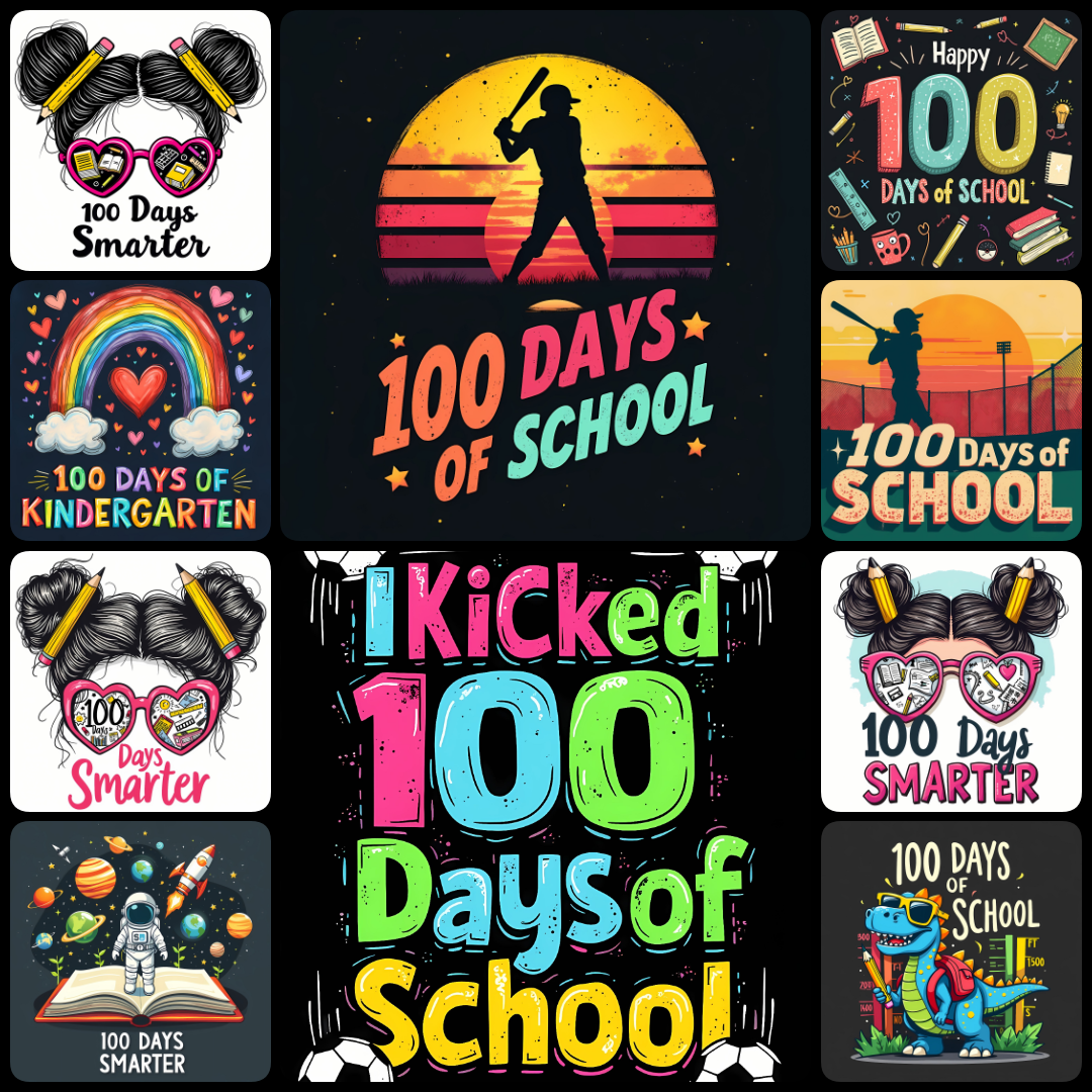 100 days of school, school milestone graphics, classroom celebration designs, 100th day party decor, vibrant school illustrations, educational clip art, teacher resources, playful school designs, student milestone art, festive school graphics