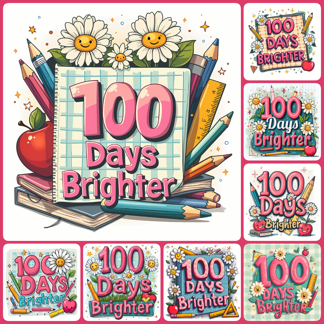 100 days of school, school milestone graphics, classroom celebration designs, 100th day party decor, vibrant school illustrations, educational clip art, teacher resources, playful school designs, student milestone art, festive school graphics