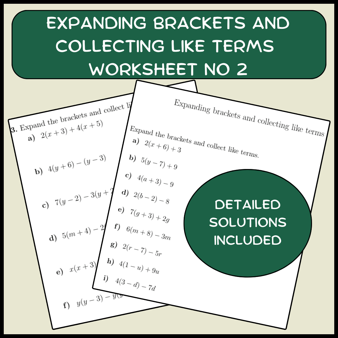 Expanding brackets and collecting like terms worksheet no 2 (with ...