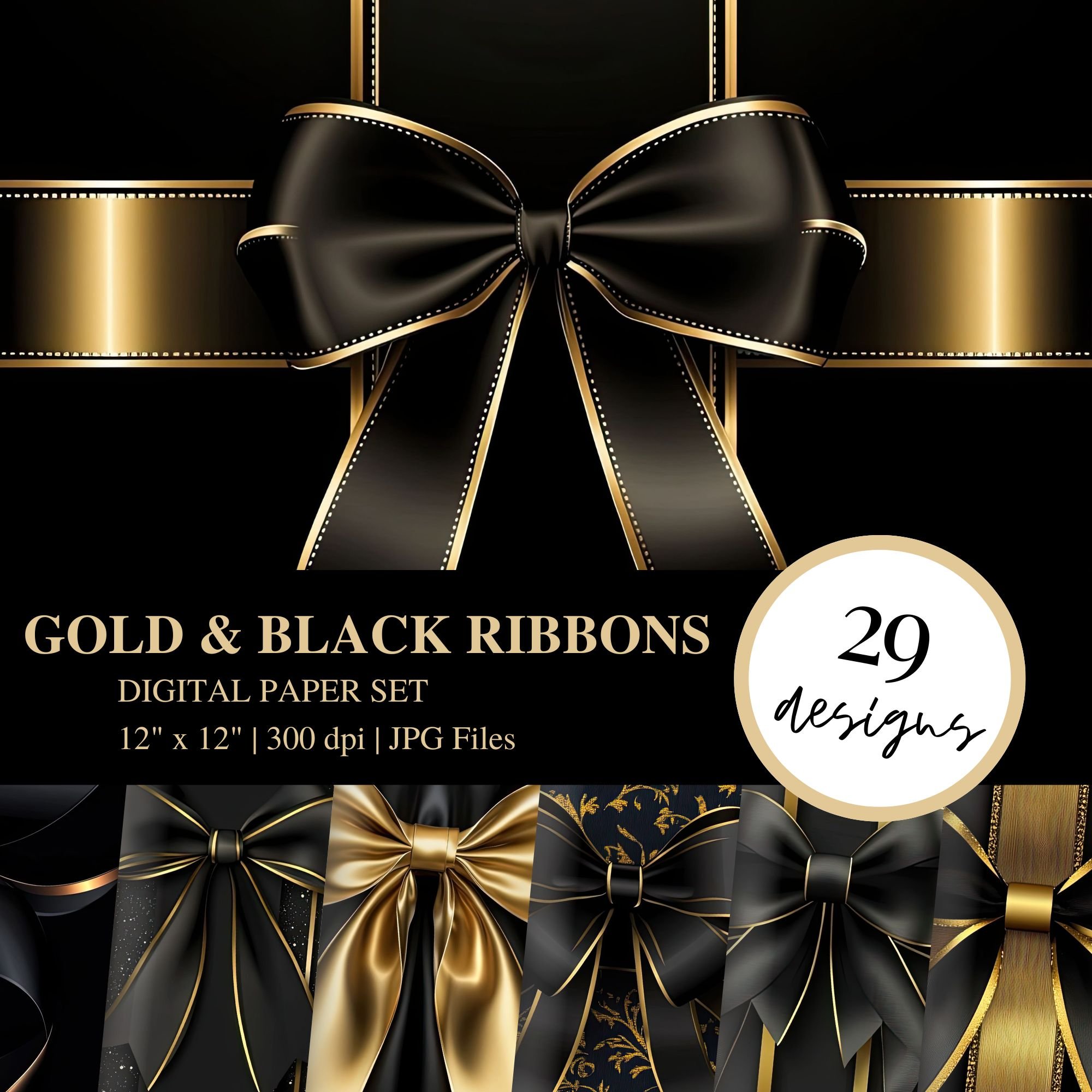 Notebook Ribbons Outside Gold Black and Gold Ribbons and Bows Digital Paper - Payhip
