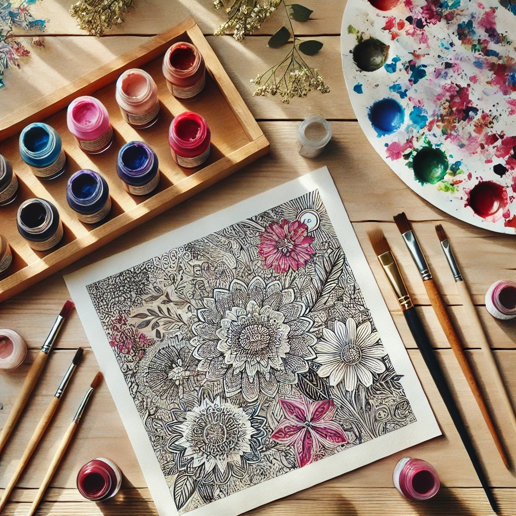 A close-up view of an adult coloring scene featuring a hand holding a fine paintbrush, delicately painting vibrant floral patterns on a high-quality coloring book page. Surrounding the artwork are colorful jars of gouache paint, a mixing palette with blen