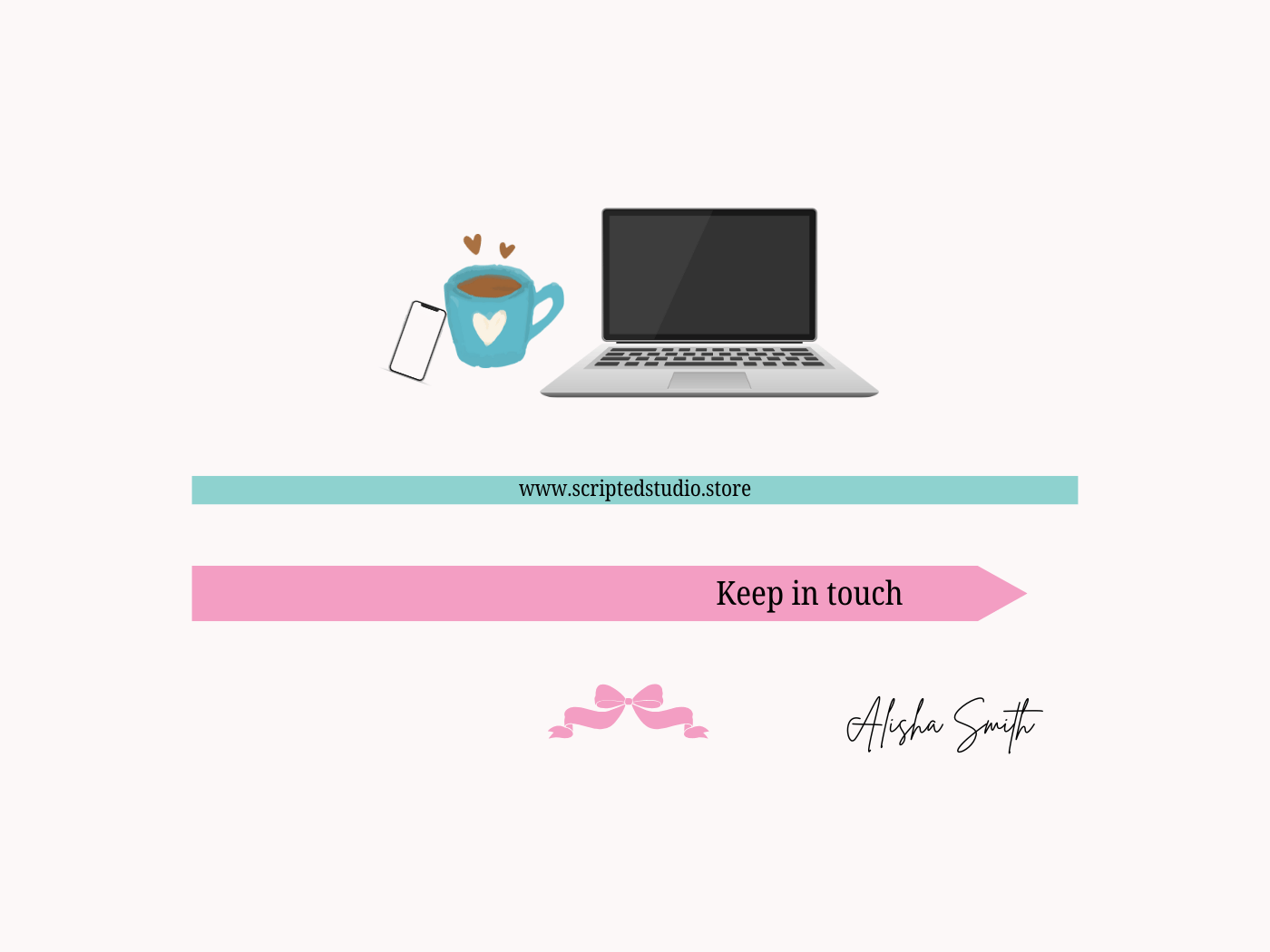 Scripted Studio, image of a computer and fancy bow with keep in touch