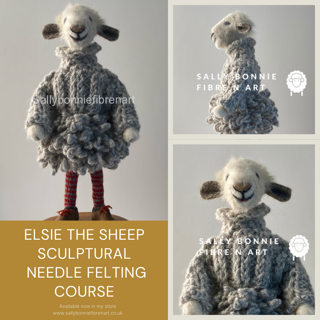 needle felted sheep standing on a wooden plinth