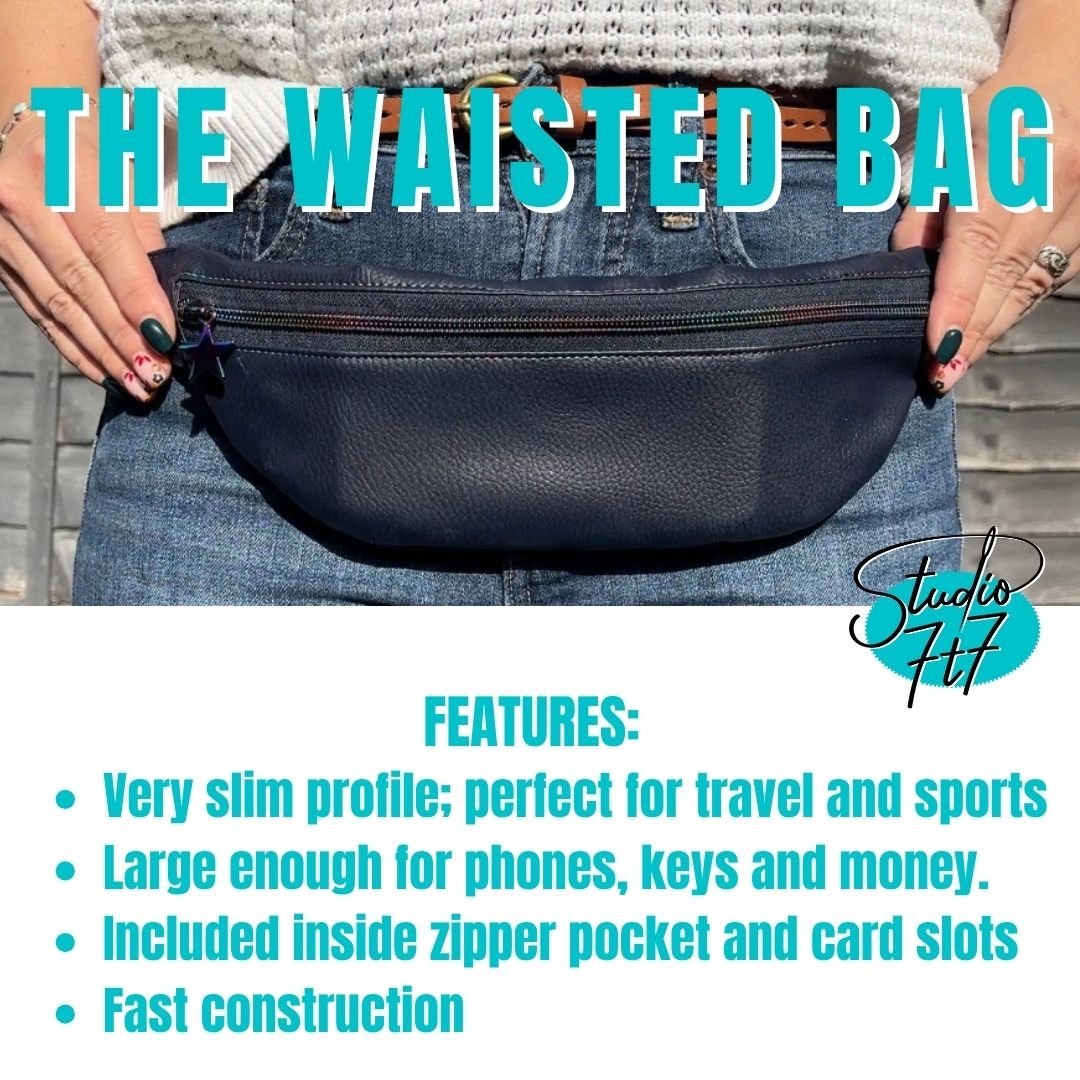 the waisted bag features a very slim profile, perfect pattern for a bag for travel and sports, it can hold a phone and keys and money, it sews up fast and is beginner friendly .