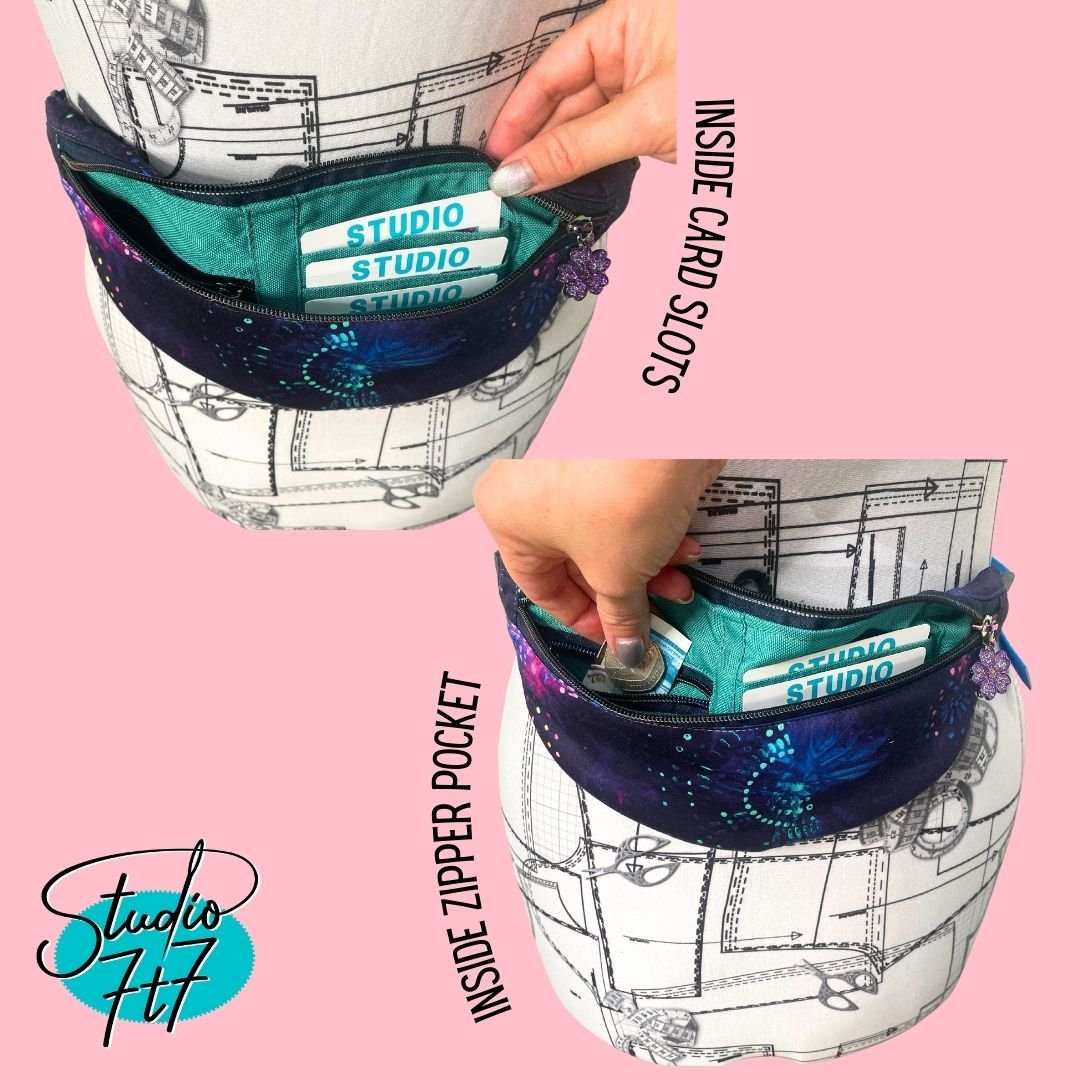 the waisted bag has card slot templates and an inside zipper pocket with step by step tutorial