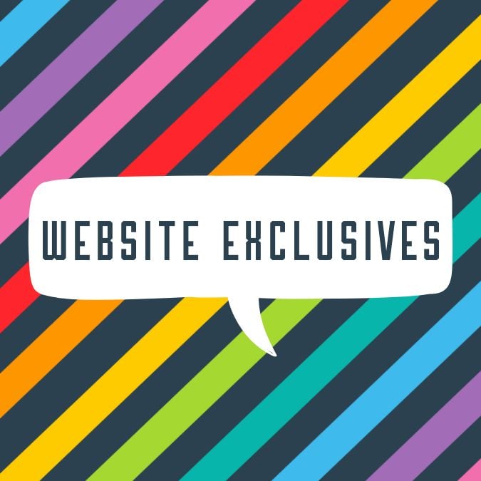 A colourful stripy background. Text reads: website exclusives.