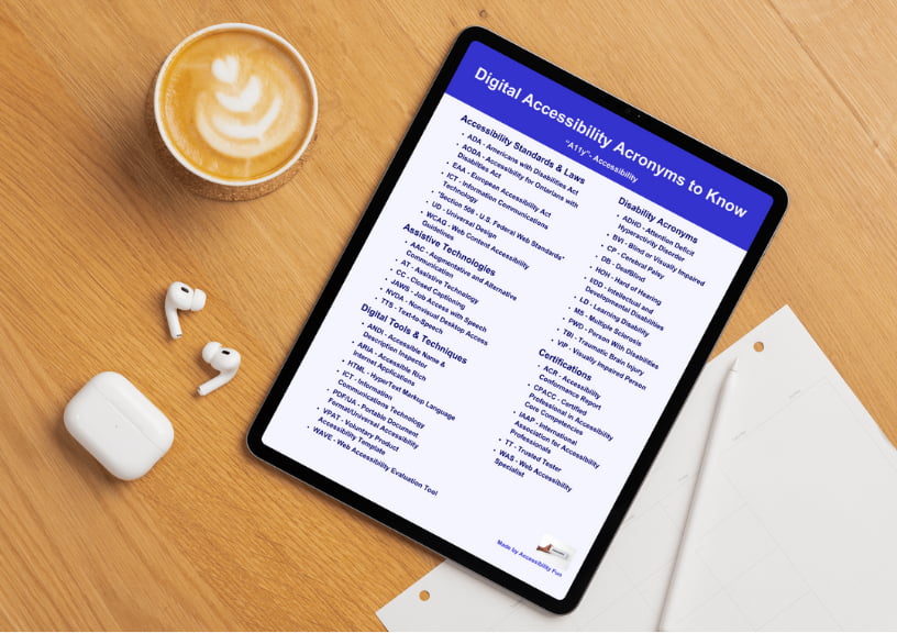a tablet device with digital accessibility acronyms cheat sheet