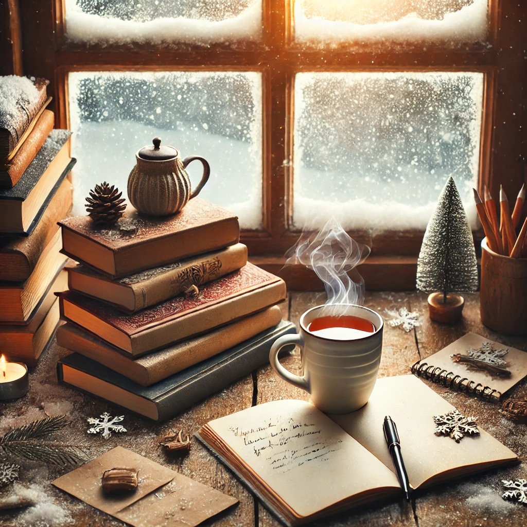 A cup of tea next to a stack of books by a snow covered window.