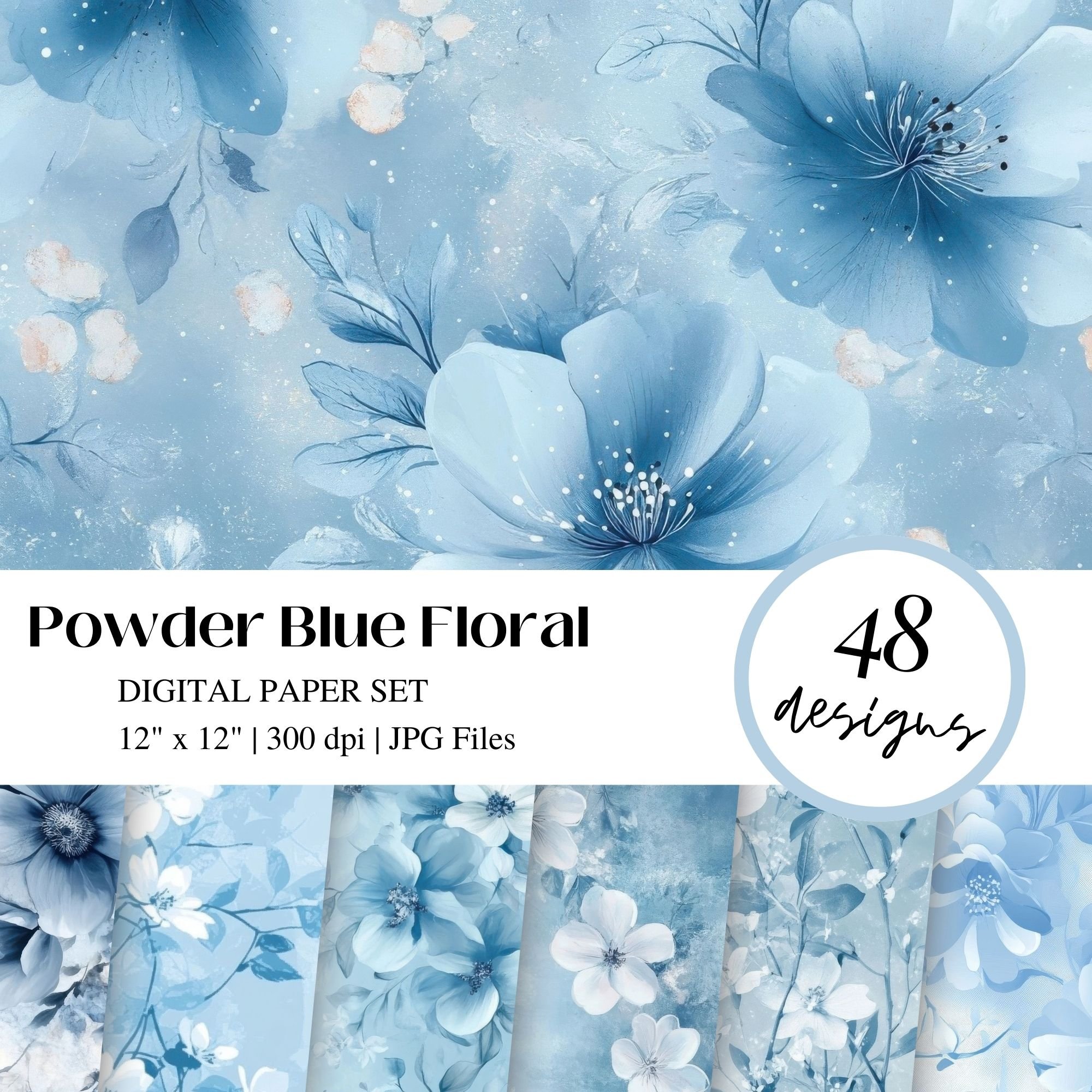 Powder Blue Floral Digital Paper - Payhip