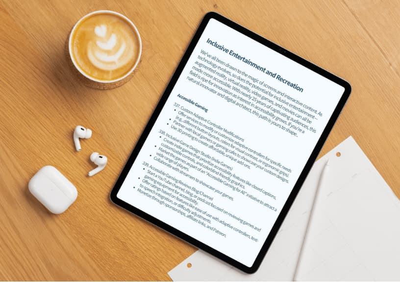 tablet displays business ideas for inclusive entertainment, gaming, and recreation