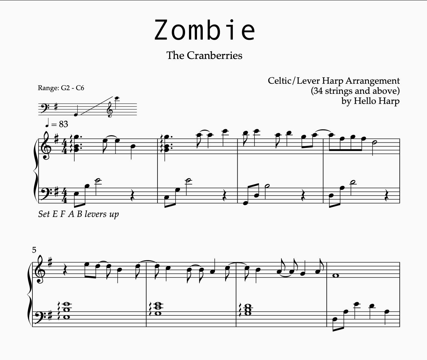 Zombie - The Cranberries (Celtic/Lever Harp Sheet Music) - Payhip