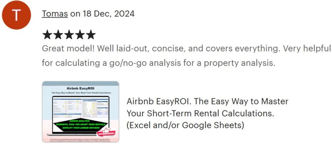 Tomas. Airbnb EasyROI. The Easy Way to Master Your Short-Term Rental Calculations. (Excel and/or Google Sheets) from AssetAFC.com