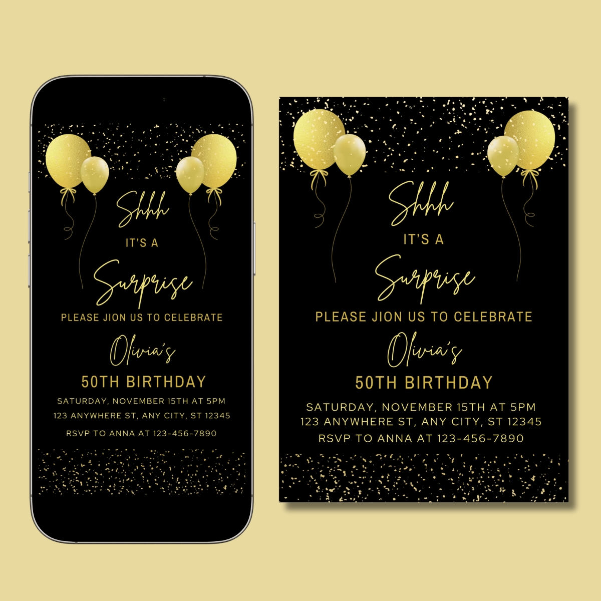 Editable Surprise Birthday Party Evite Template 5x7 inches and 1080x1920 pixels
