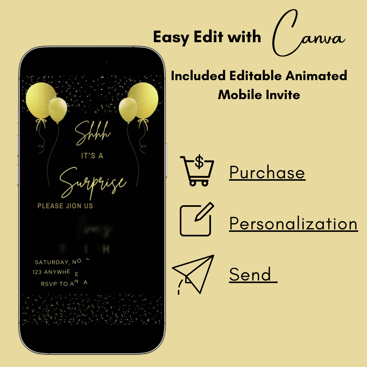 EditableAnimated Golden Black Surprise Birthday Party Evite Template