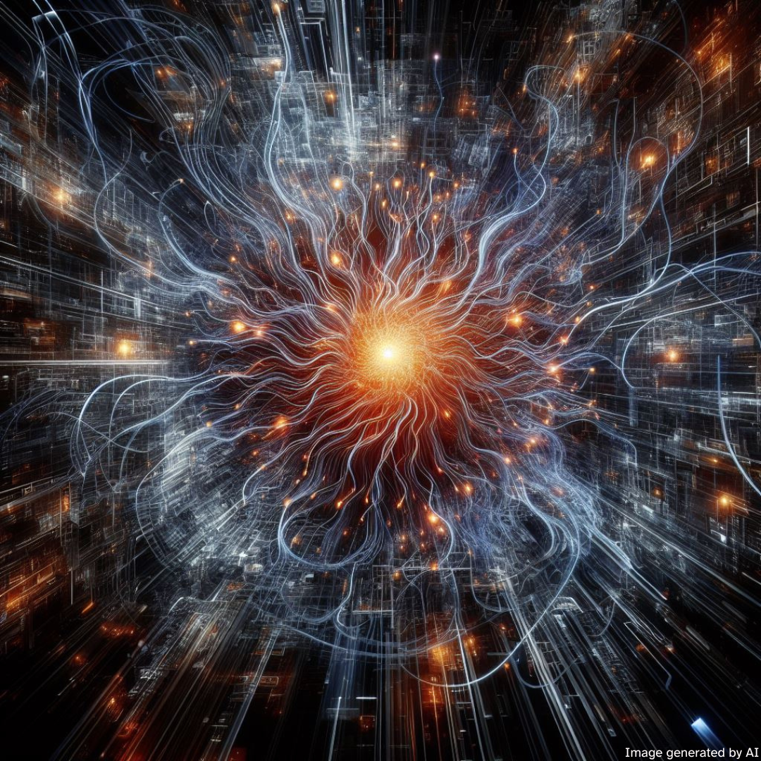 An abstract representation of artificial intelligence, with a glowing orange central core and radiating tendril-like streams of light.