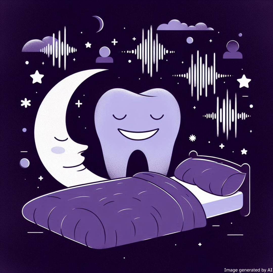 A large cartoon tooth and crescent moon standing next to a bed
