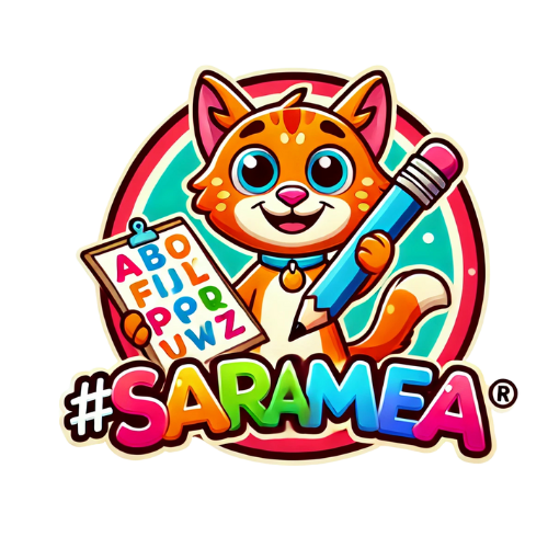 Logo educațional pentru copii, cu o pisicuță jucăușă care ține o fișă de activități cu alfabet și un creion. Designul este vibrant și plin de culoare, inspirat din stilul Pixar, ideal pentru activități educative pentru copii. Textul '#saramea' este plasat în semicerc deasupra pisicuței, creând o atmosferă prietenoasă și atractivă pentru un brand educațional
