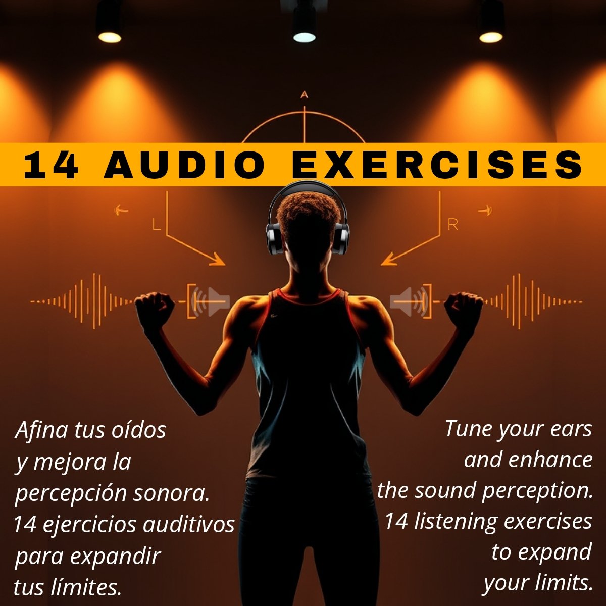 Un hombre escuchando los ejercicios auditivos con auriculares y levantando una pesa de ondas de sonido.