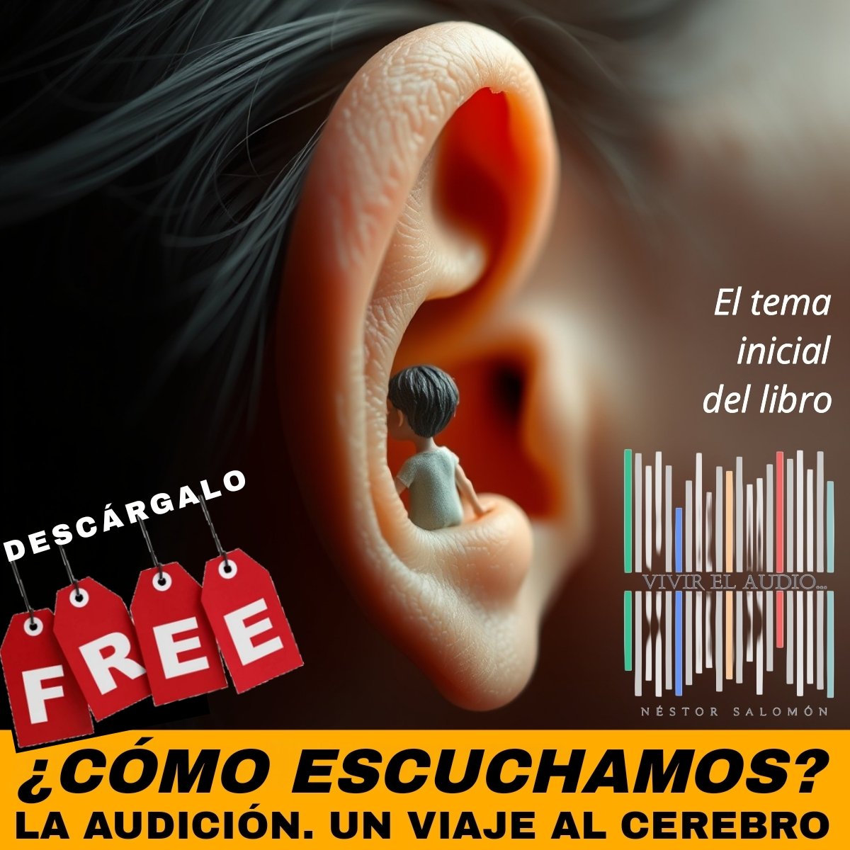 Una persona en tamaño disminuto, entrando en el oído de otra persona.