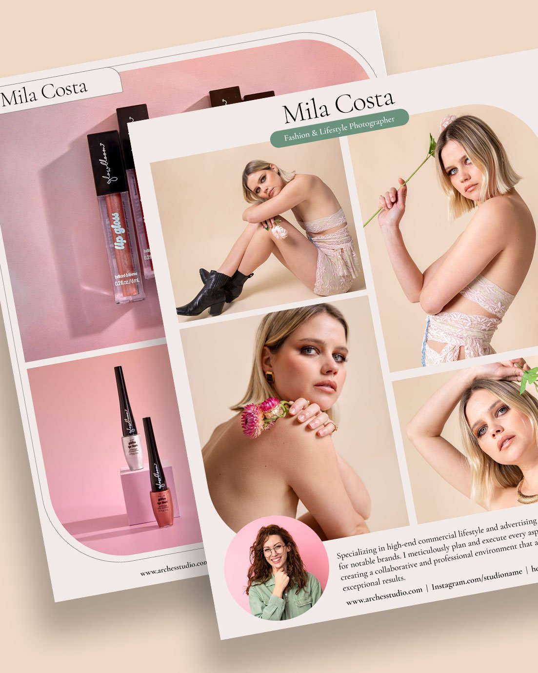 Two overlapping fashion photography portfolio pages titled with photographer's placeholder name. They feature various images of a woman posing with makeup products and flowers. The bottom corner includes a headshot of another woman with text about lifestyle and editorial photography.