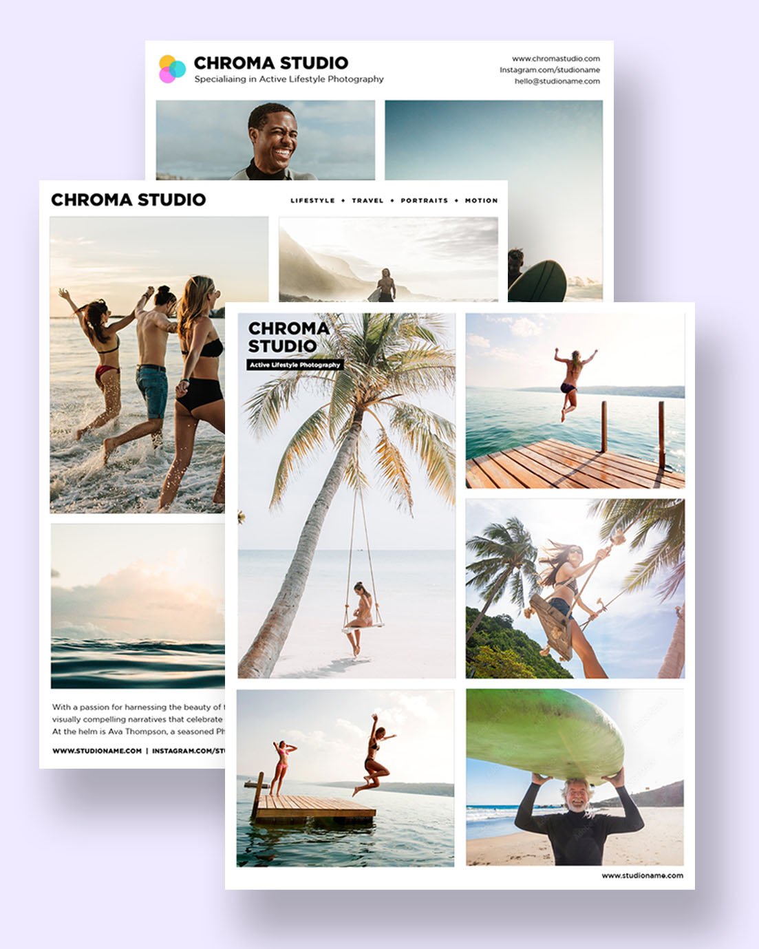 Two sample brochures for Chroma Studio, featuring beach and nature photography. Images include people on a beach, a person leaping on a dock, palm trees, and a person carrying a surfboard. The design is vibrant and dynamic.