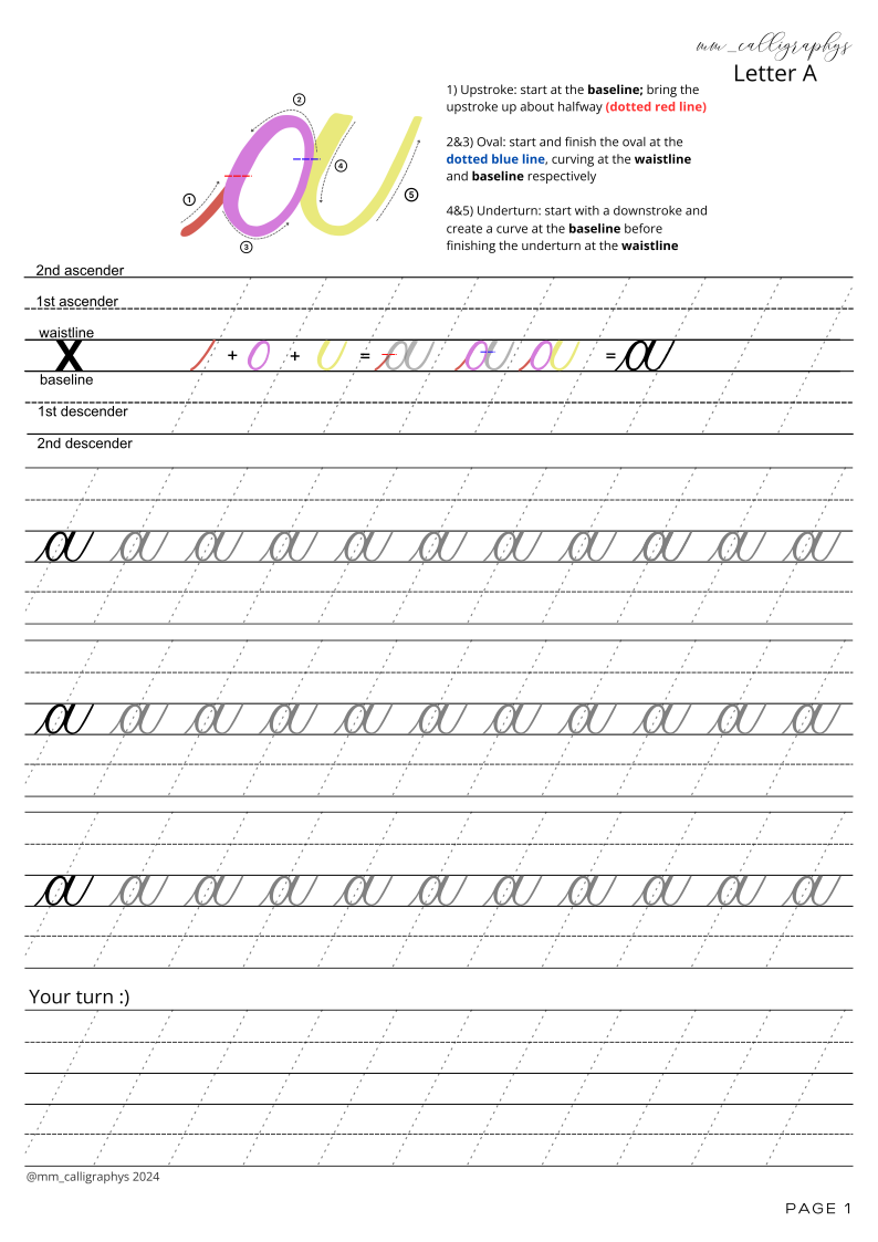 lowercase calligraphy letter sheet A