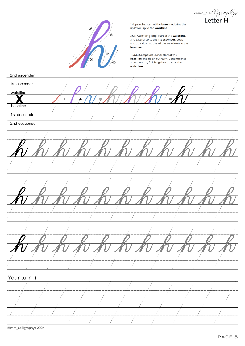 lowercase calligraphy letter sheet H