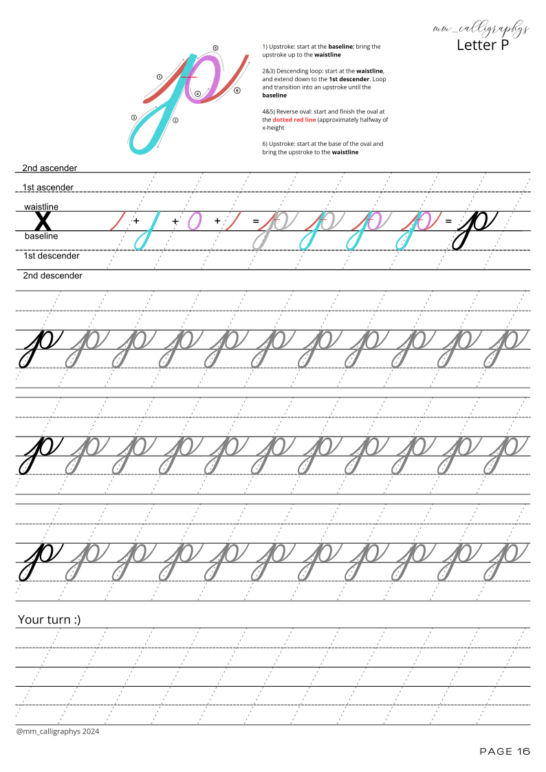 lowercase calligraphy letter sheet p