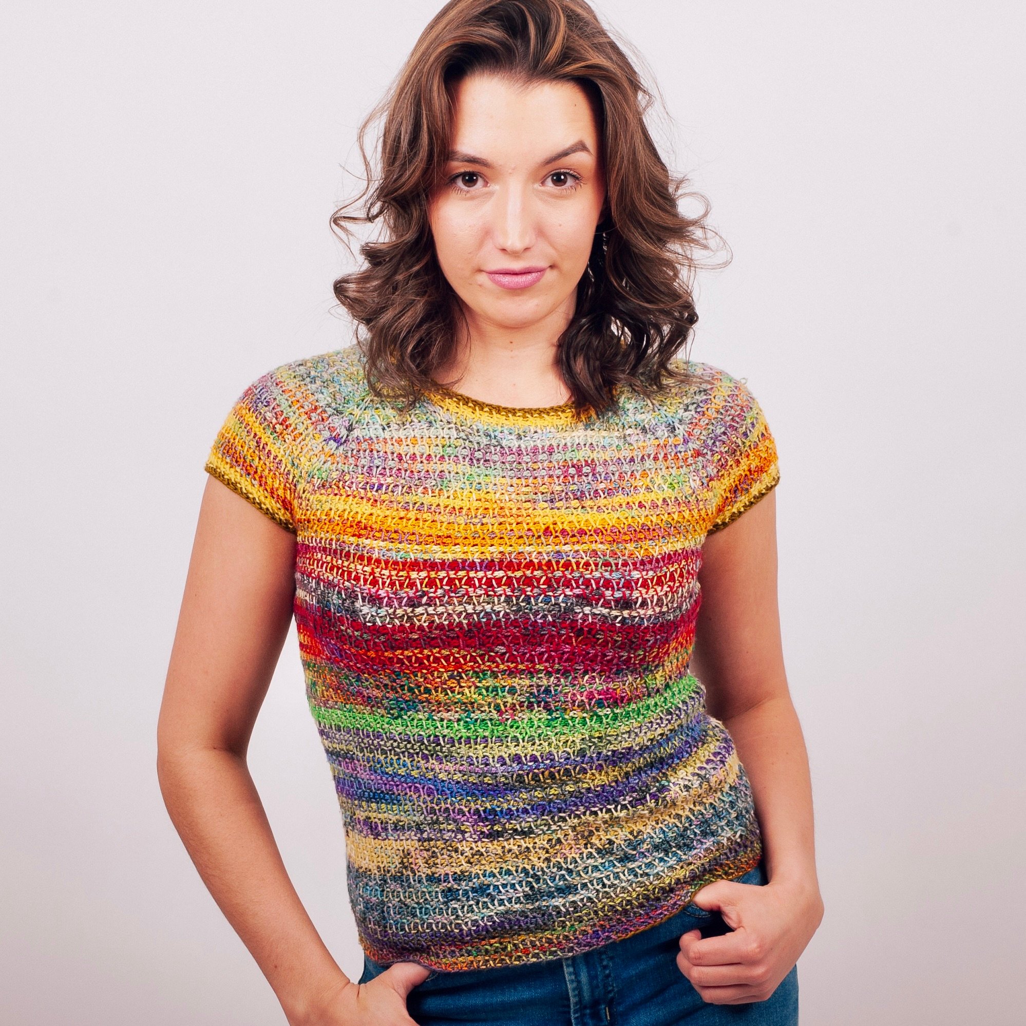 Tunisian crochet pattern stashbuster topdown sweater Dora Ohrenstein design