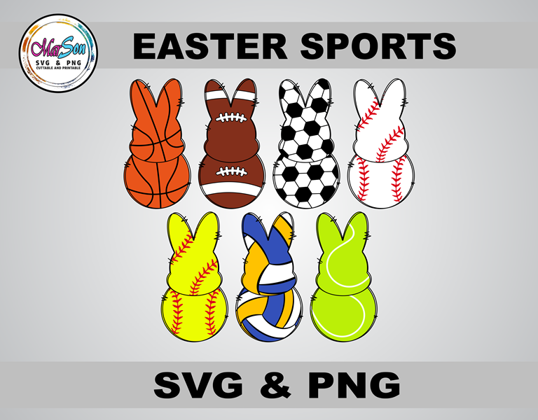 Easter sports bundle with baseball, football, basketball, and soccer designs featuring bunnies, eggs, and festive elements. Perfect for Cricut, Silhouette, sublimation, and DTF printing.